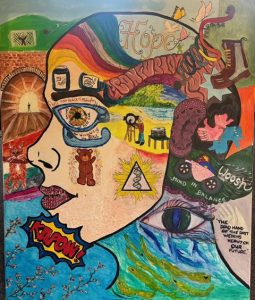 A colorful surreal illustration of a human profile filled with symbolic elements representing hope, mental health, and balance. Key details include words like "Hope," "Mind in Balance," and "Kapow!" alongside images of a butterfly, DNA strand, eye, teddy bear, and a person walking toward light in a tunnel, conveying themes of healing and resilience.
