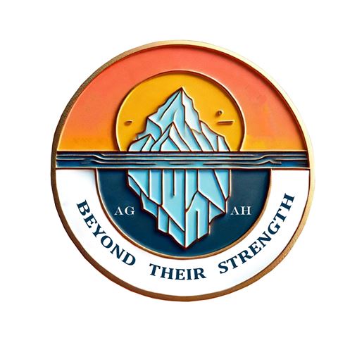 Circular emblem featuring an iceberg with visible tip above water and larger submerged portion below, divided by a horizontal line. Background uses orange and blue hues with letters "AG" and "AH" on iceberg, and phrase "BEYOND THEIR STRENGTH" curved along bottom edge.