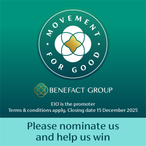 Logo-based promotional graphic for Benefact Group's "Movement for Good" campaign, encouraging nominations to support charitable causes.