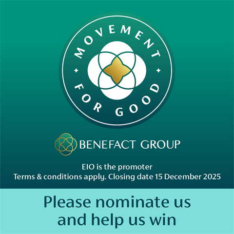 Logo-based promotional graphic for Benefact Group's "Movement for Good" campaign, encouraging nominations to support charitable causes.