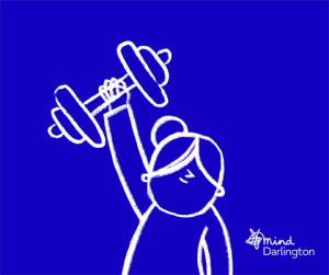 Illustration of a person lifting a dumbbell overhead, symbolizing strength or empowerment