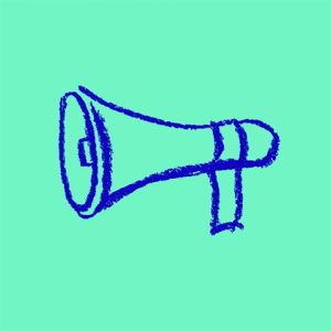 A simple digital drawing of a megaphone in blue crayon style on a solid light green background.